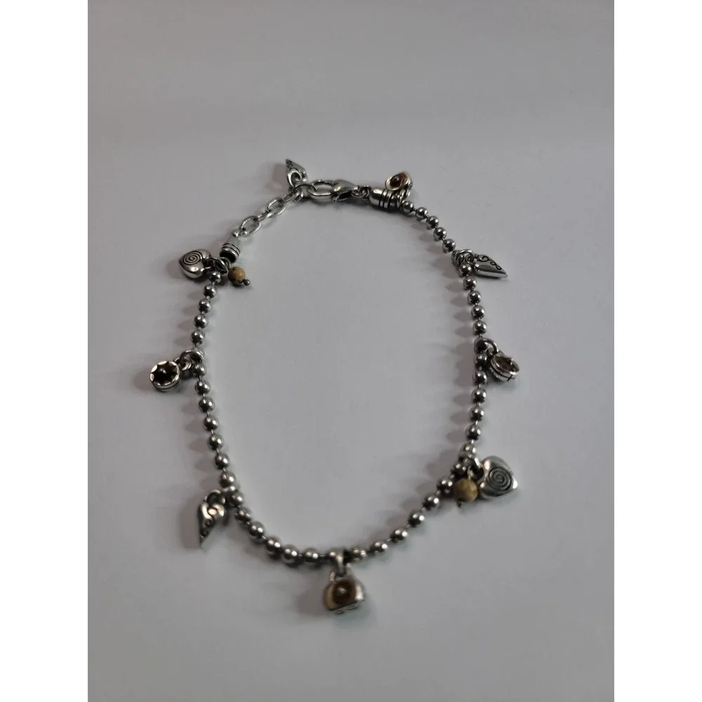 Silver Tone Heart Charm Anklet Brown Bead Boho Adjustable Jewelry
